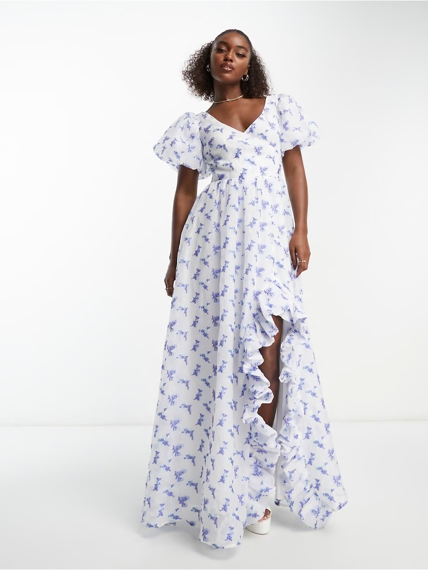 Nwt Maya Deluxe Cottagecore Romantic Blue Floral Puff Sleeve Wrap Long Dress 6